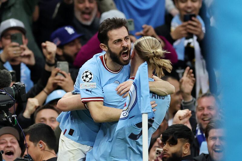 Bernardo Silva celebrates after scoring Manchester City's first goal against Real Madrid on Wednesday night. Photograph: Clive Brunskill/Getty Images