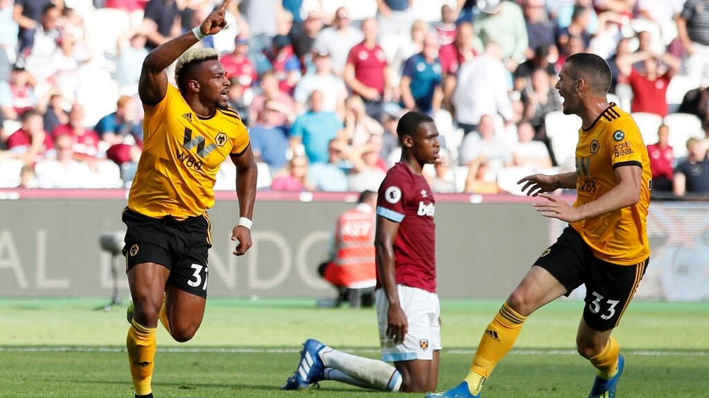 Adama Traore celebrates scoring Wolves’ last minute winner against West Ham. Photograph: David Klein/Reuters