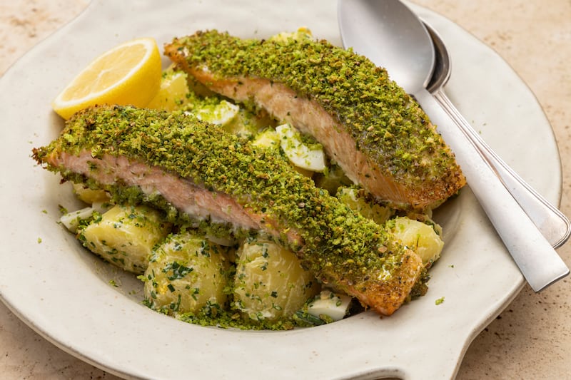 Savoury sourdough crusted salmon with chopped egg and potato salad. Photograph: Harry Weir
