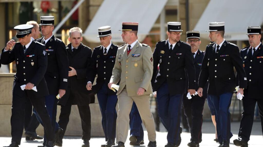 Members of the French armed services arrive at the Cathedral in Cologne to attend a memorial service for the 150 people killed in the Germanwings plane crash on March 24th.Photograph: Patril Stollarz/AFP/Getty Images
