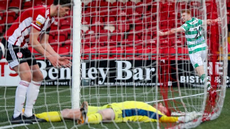 Shamrock Rovers’ Rory Gaffney celebrates after scoring a goal during the  SSE Airtricity League Premier Division, game against Derry City at Ryan McBride Brandywell Stadium. Photograph: Tommy Dickson/Inpho