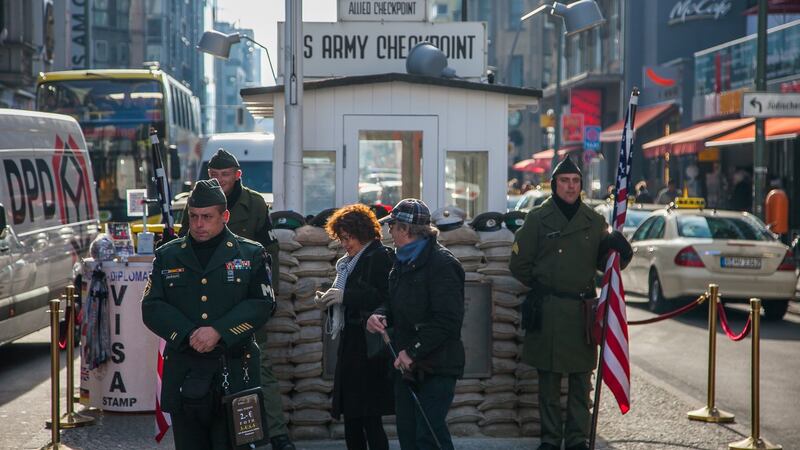 The infamous Cold War border crossing between East and West Berlin. now a tourist attraction.