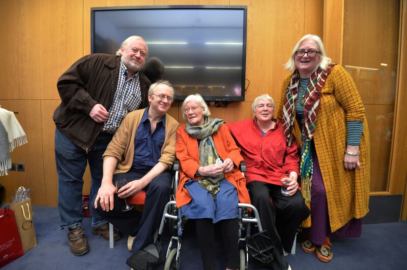 Author Jennifer Johnston who celebrated her 90th birthday at the Lexicon Library and opening of an exhibition of her work with her sons Paddy and Malachi and daughters Sarah and Lucy. Photograph: Alan Betson