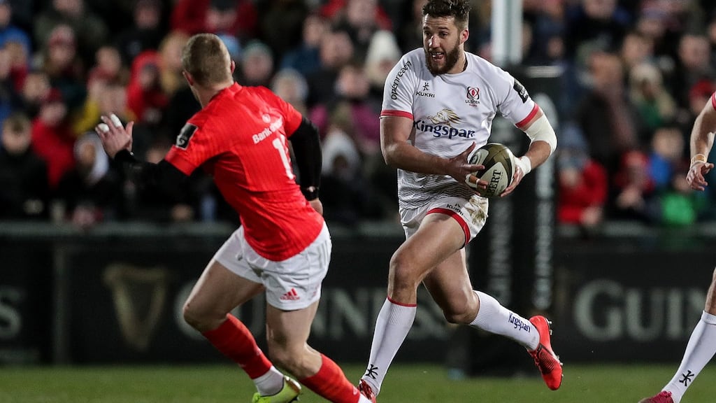 Ulster’s Stuart McCloskey in action against Munster in the Guinness Pro14 at Kingspan Stadium in Belfast last Friday. Photograph: Laszlo Geczo/Inpho
