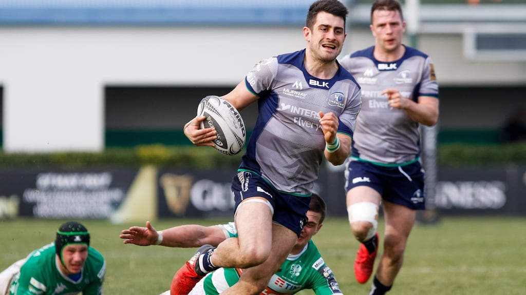 Tiernan O’Halloran:  has made the most metres and carries of any player in the league this season and  makes his 100th PRO12 appearance. Photograph: Alfio Guarise/Inpho