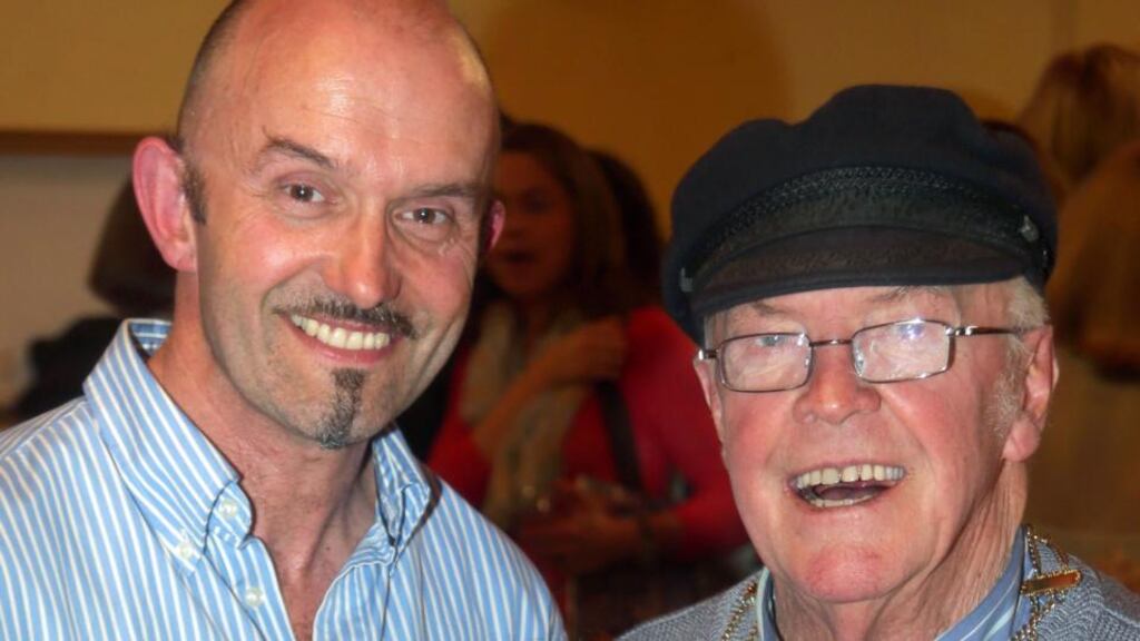 Michael Lynskey, King of the Claddagh, and his son Patrick at the launch of Claddagh National School: 80 Years of Words and Pictures. Michael and Patrick are both past pupils of the school. Photograph: Joe O’Shaughnessy