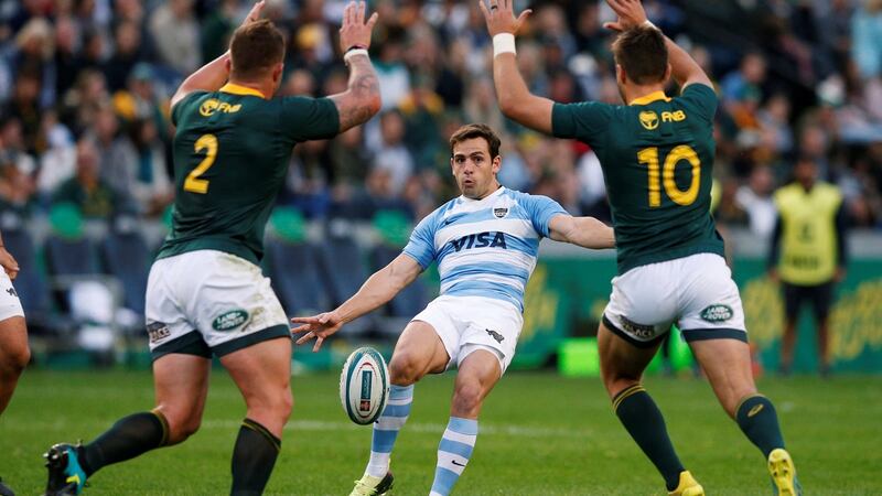 Argentina outhalf Nicolas Sanchez kicks under pressure from South Africa’s Malcolm Marx and Handre Pollard during the Rugby Championship game at Kings Park Stadium in Durban. Photograph: Rogan Ward/Reuters