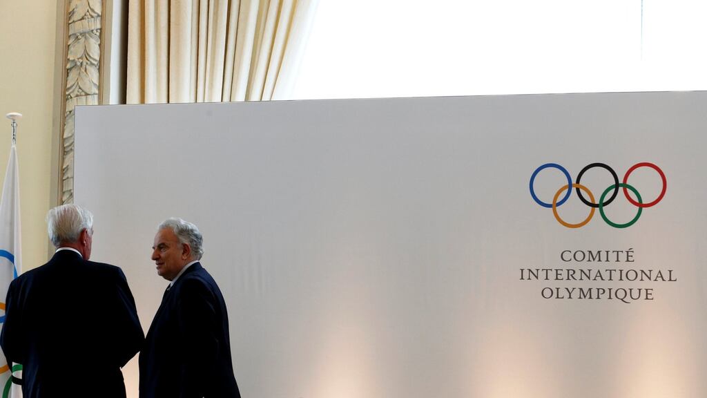 President of the World Anti-Doping Agency (WADA) Craig Reedie speaks with President of the Association of Summer Olympic International Federations (ASOIF) Francesco Ricci Bitti during the Olympic Summit in Lausanne. Photograph: Denis Balibouse/Reuters