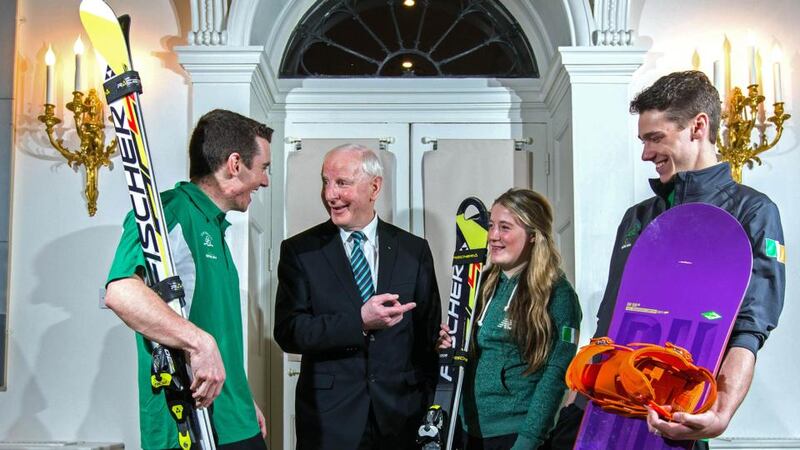 At the announcement of Ireland’s team for the Sochi Winter Olympic Games at The Merrion Hotel in Dublin were (L-R) Conor Lyne, Olympic Council of Ireland president Pat Hickey, Florence Bell and Seamus O’Connor. Photograph: Cathal Noonan/Inpho
