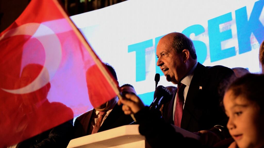 The-newly elected Turkish Cypriot leader Ersin Tatar talks to his supporters, Sunday, October 18th, 2020. Photograph: AP Photo/Nedim Enginsoy