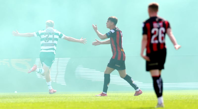 Michael Noonan celebrates after scoring Shamrock Rovers' second goal during the game against Bohemians at Tallaght Stadium on Easter Monday. Photograph: James Crombie/Inpho