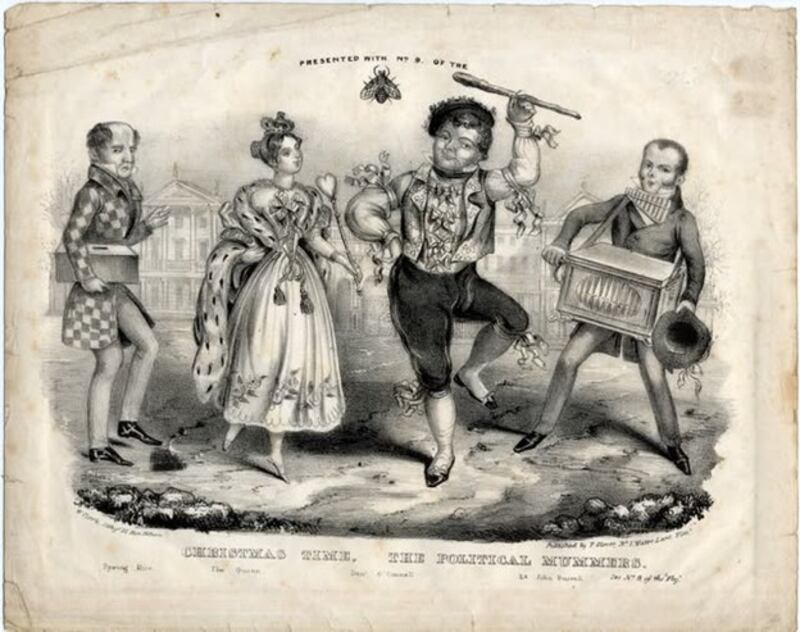 The monochrome lithograph, Christmas Time, The Political Mummers, mocks Daniel O’Connell, who campaigned against slavery as well as for Catholic emancipation.