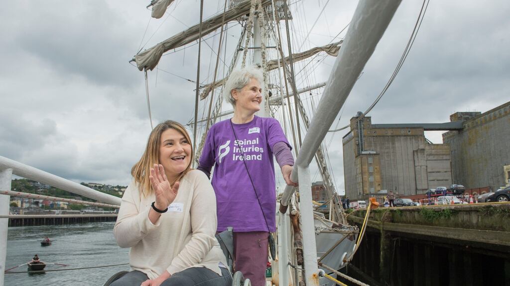 Jennifer Hester from Dublin and Patricia Prendiville from Wicklow with Spinal Injuries Ireland pictured embarking on their first ever Tall Ships Challenge. Photograph: Daragh Mc Sweeney/Provision