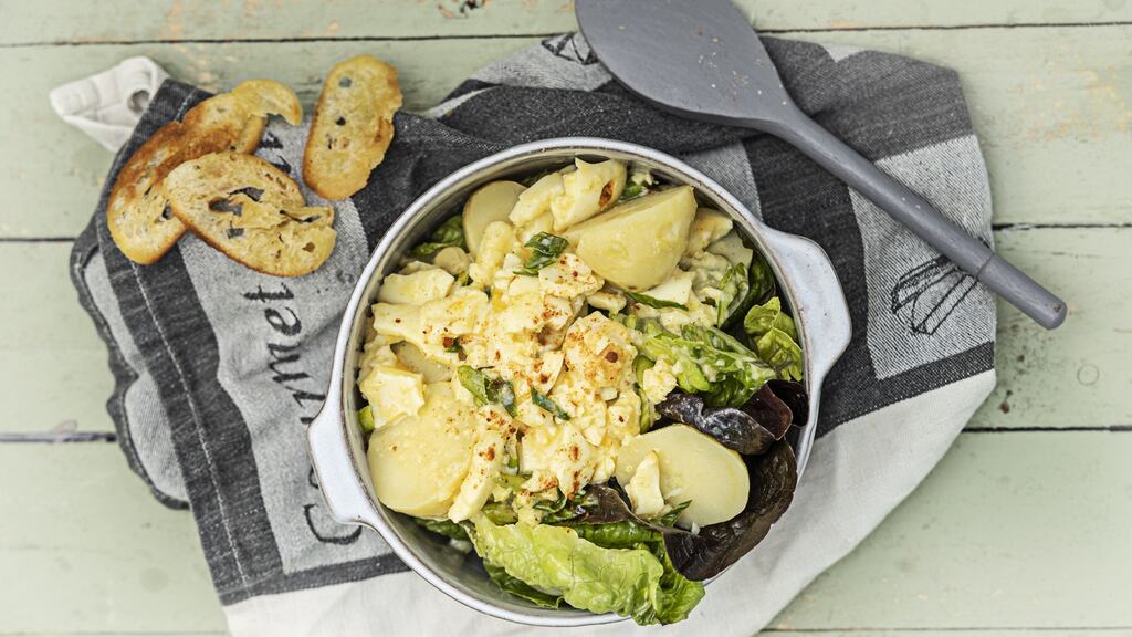 Little gem lettuce with baby potatoes, devilled egg and spring onion dressing