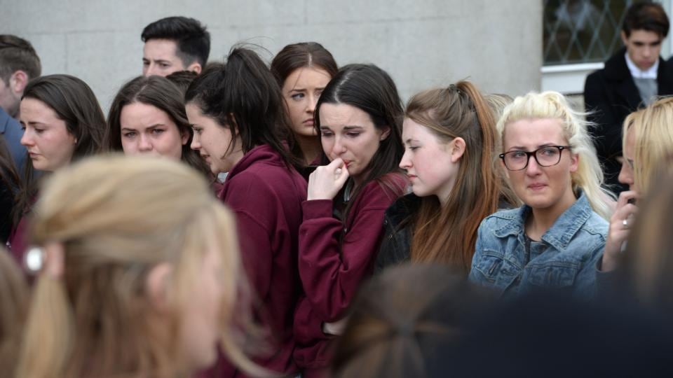 Students at the funeral of Ana Hick, at the Church of the Assumption, Dalkey, Co Dublin. Photograph: Dara Mac Dónaill