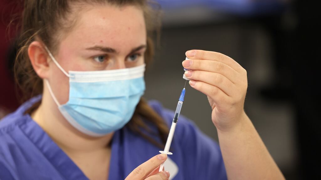 The booster vaccination campaign under way at the National Show Centre, in Swords, Co Dublin. Photograph: Dara Mac Dónaill
