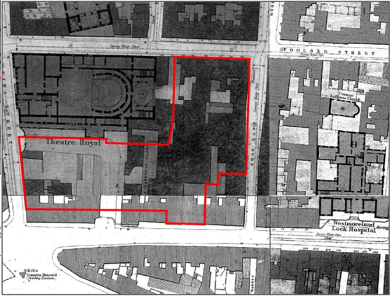 Ordnance Survey, Dublin city, sheets 14 and 21, 1847. Current site development marked in red.