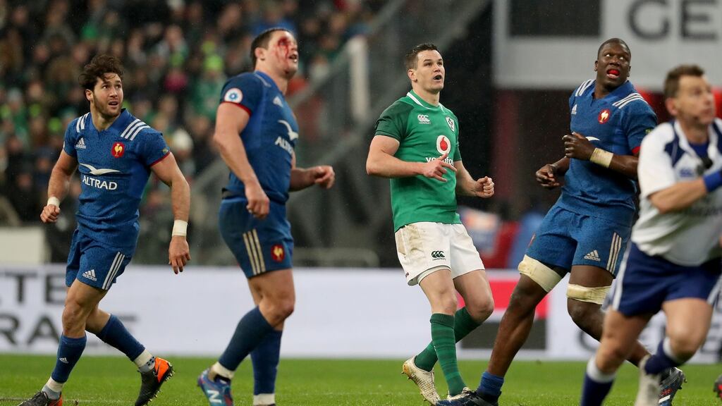 Ireland’s Johnny Sexton kicks the winning drop goal in the opening Six Nations clash with France. Photo: Dan Sheridan/Inpho