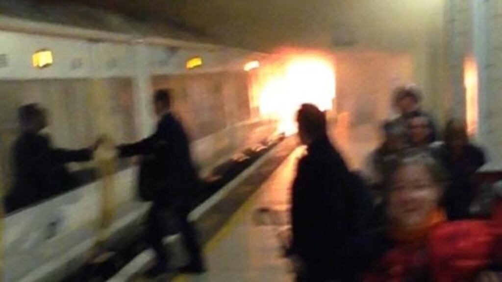 A handout picture shows a fire in a carriage of a London Underground tube train at Charing Cross station today. Photograph: EPA