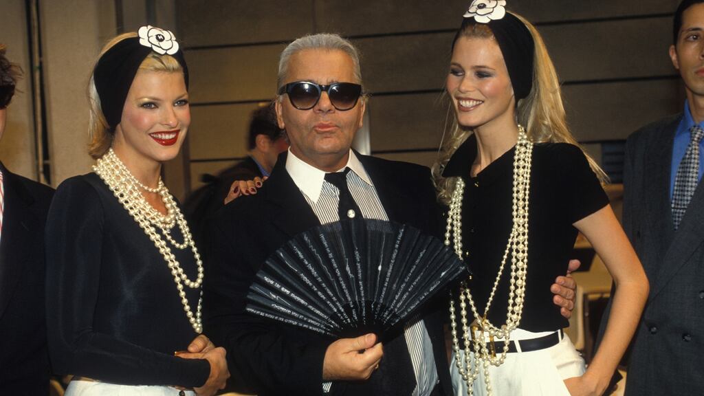 Linda Evangelista, Karl Lagerfeld and Claudia Schiffer in 1995. File photograp: William Stevens/Getty Images