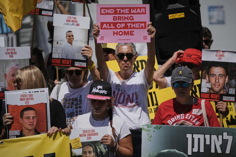 Relatives and supporters of Israeli hostages held in the Gaza Strip protest outside the prime minister’s office in Jerusalem demanding their release from Hamas captivity and calling for an end to the war. Photograph: Mahmoud Illean/AP