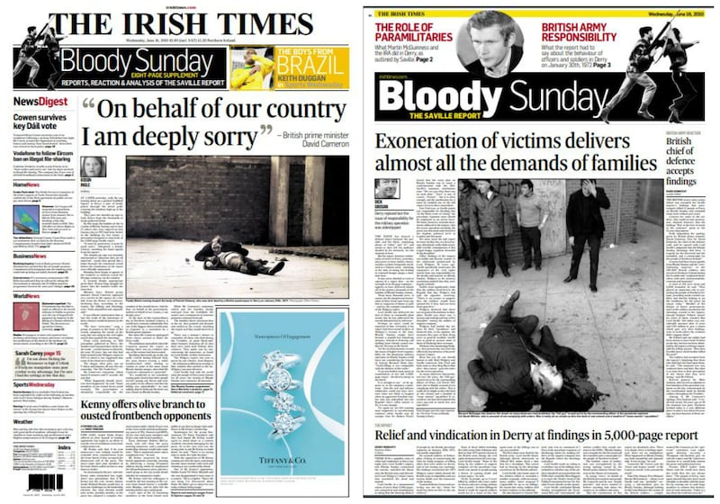The front page of the Irish Times and the front page of the Irish Times supplement on Wednesday, June 16th, 2010 after the Saville inquiry