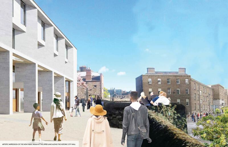 Dublin Castle: an artist’s impression of the proposed Battlements Walk along the medieval city wall. Illustration: Grafton Architects/Dublin Castle Strategic Framework Plan 2022