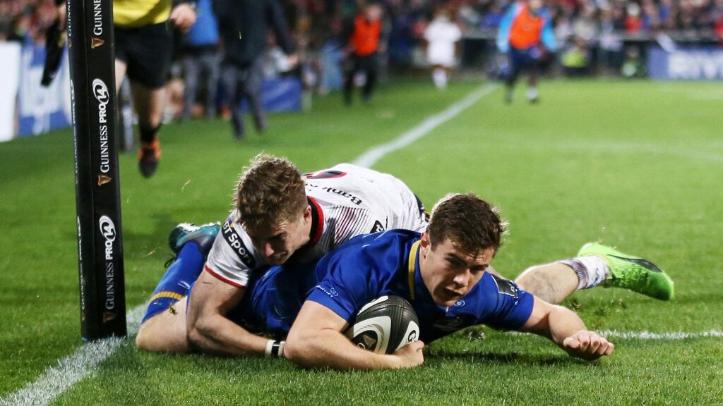 Leinster’s Luke McGrath scores a try against Ulster at the Kingspan Stadium. Photograph: Darren Kidd/Inpho