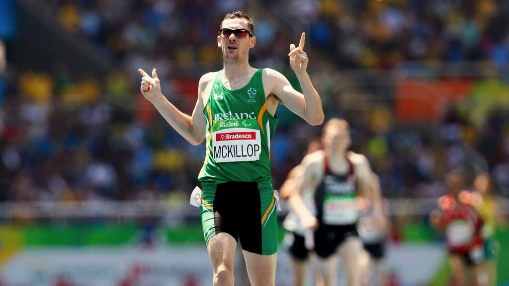 Michael Mckillop of Ireland celebrates winning the gold medal in the Men’s 1500m - T37 Final at the Rio Paralympics. Photo: Jason Cairnduff/Reuters