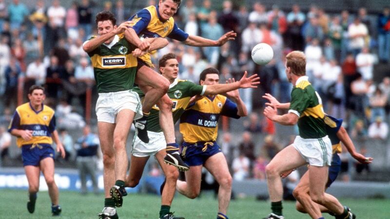 Clare and Kerry players compete for the ball during the 1992 Munster SFC Final at the Gaelic Grounds in Limerick. Photograph: Inpho