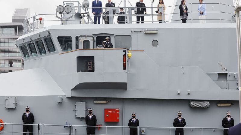 Minister for Defence Simon Coveney with then Defence Forces chief of staff Vice Admiral Mark Mellett on board the LÉ Samuel Beckett berthing in Sir John Rogerson’s Quay, to mark the Naval Service 75th anniversary in Dublin last year. Photograph: Alan Betson