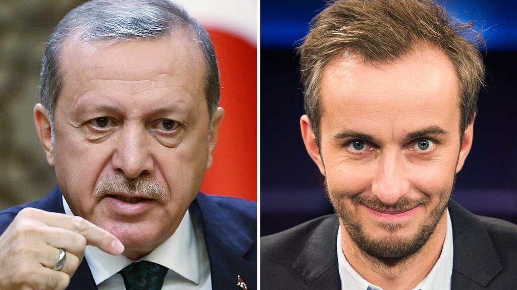 Turkish prime minister Recep Tayyip Erdogan (left) and German TV host Jan Böhmermann. Photograph: (right) Ole Spata/EPA and (left) Presidential Press Office