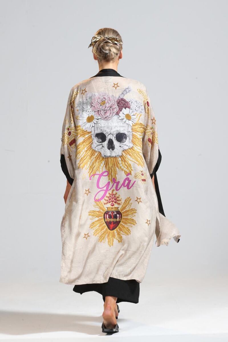Valentine Parchment Crepe de China embellished cape, €770, from Eadach
