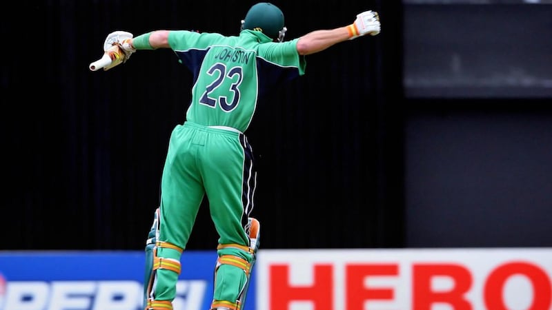 Trent Johnston gets airborne after hitting the six that secured a three-wicket win over Pakistan. Photograph: Jewel Samad/AFP via Getty Images