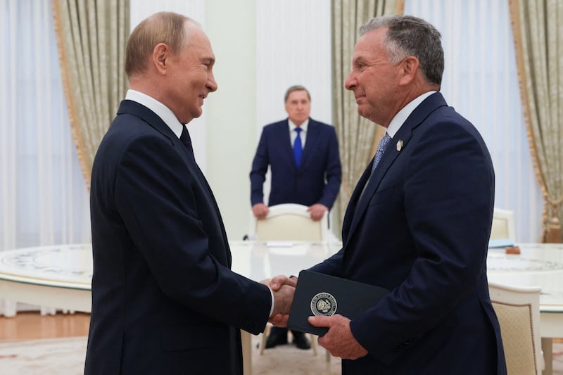 Russia's president Vladimir Putin greets US special envoy Steve Witkoff prior to their talks in Moscow last August. Photograph: Gavriil Grigorov/ AFP via Getty Images