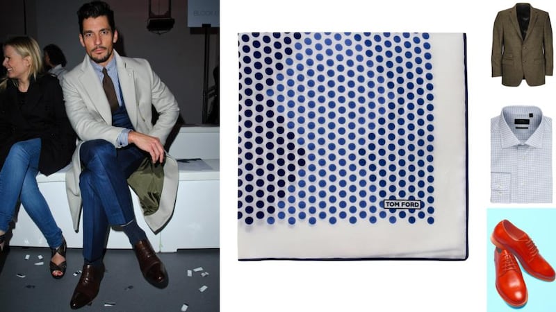 DAVID GANDY: pocket square, €120 by Tom Ford at Brown Thomas; tweed blazer, €220 at McElhinneys of Donegal (mcelhinneys.com); signature check shirt, €40 at Next; “Derby” shoes, €80 by J by Jasper Conran at Debenhams