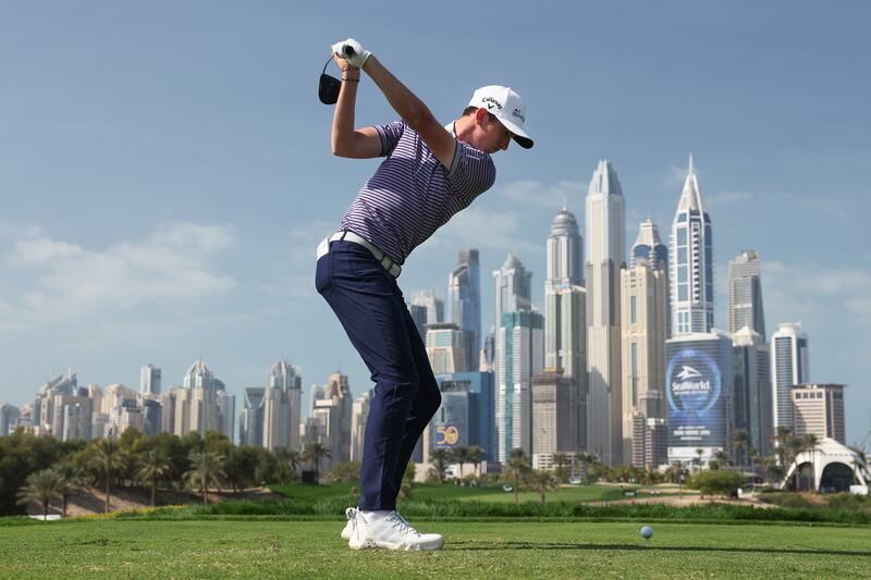 Tom McKibbin of Northern Ireland tees off in Dubai. Photograph: Warren Little/Getty Images