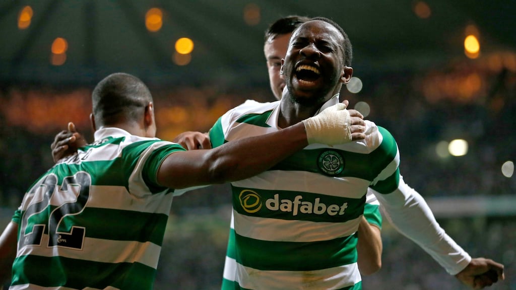 Moussa Dembélé’s late penalty sent Celtic into the Champions League play-offs. Photograph: PA