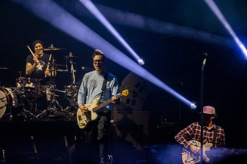Blink-182: Travis Barker, Mark Hoppus and Tom DeLonge
Photograph: Tom Honan