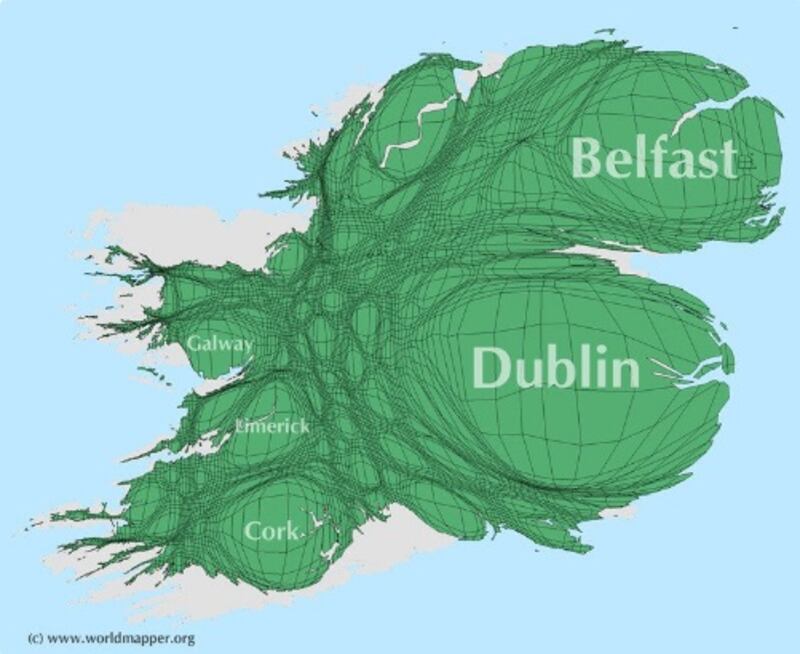 How Ireland would look if the land mass was shaped according to population density