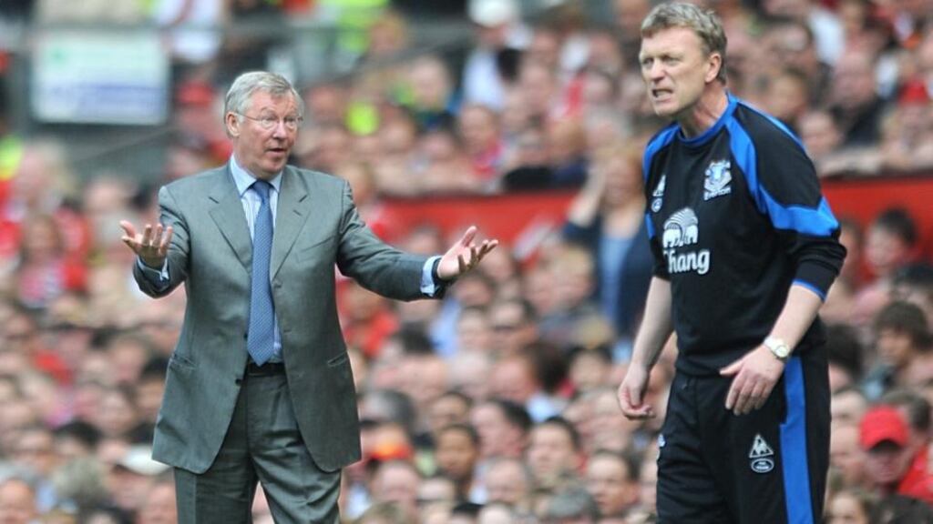 Alex Ferguson reminds David Moyes of the time remaining during a recent Premier League match. “When we discussed the candidates that we felt had the right attributes we unanimously agreed on David Moyes,” Ferguson said yesterday. Photograph: Anna Gowthorpe/PA Alex Ferguson reminds David Moyes of the time remaining during a recent Premier League match. “When we discussed the candidates that we felt had the right attributes we unanimously agreed on David Moyes,” Ferguson said yesterday. Photograph: Anna Gowthorpe/PA