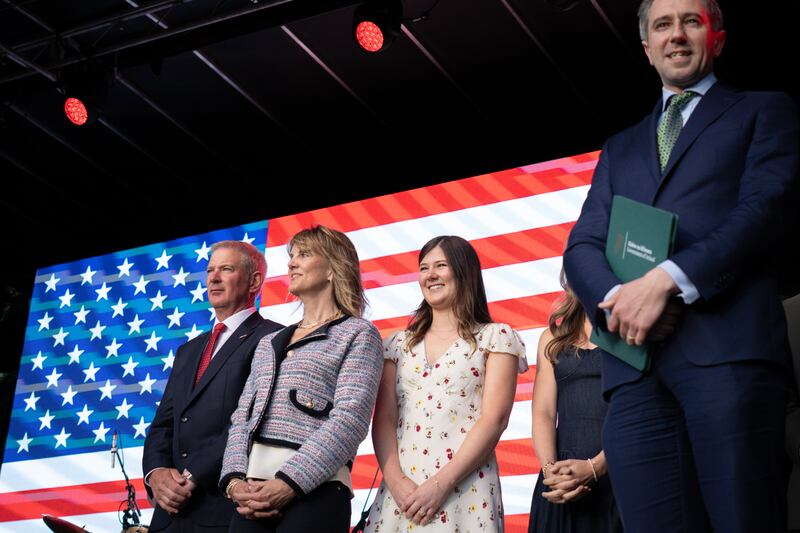 The new US Ambassador to Ireland Edward S Walsh (left) accompanied on stage by his wife Lynn, two of his three daughters and Tánaiste Simon Harris at the 4th of July celebrations at Deerfield Residence in Phoenix Park, Dublin. Photograph: Dan Dennison