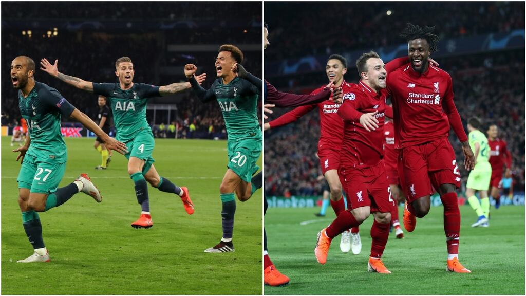 Divock Origi celebrates scoring Liverpool’s fourth goal against Barcelona (left) whilst Lucas Moura celebrates scoring Spurs’ last minute winner against Ajax. Photo: Getty Images