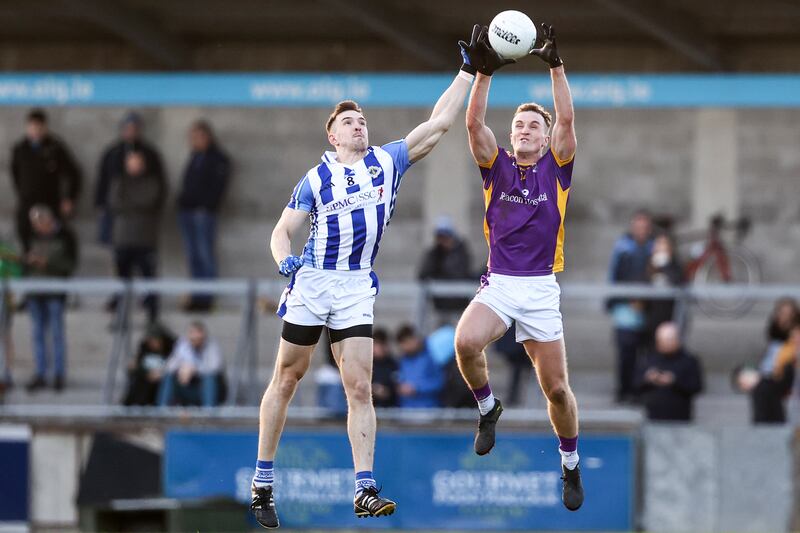 Ballyboden St Enda's Cein Darcy competes in the air with Shane Cunningham of Kilmacud Crokes at Parnell Park. Photograph: Ben Brady/Inpho