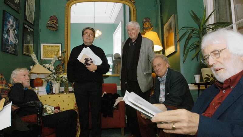 Poets Dermot Healy, Macdara Woods, John Montague, Paul Durcan and Tom MacIntyre in the green room at the Gate Theatre before going on stage to read from The Great Hunger and other poems by Patrick Kavanagh at centenary celebrations marking the birth of the late Monaghan poet in 2004 in Dublin. File photograph: Moya Nolan/The Irish Times