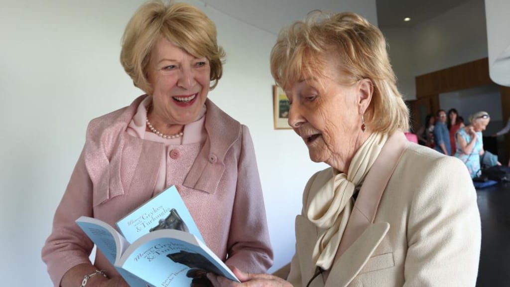 Sabina Higgins, wife of President Michael D Higgins, with Patricia Burke Brogan at the launch of her book Memoir with Grykes and Turloughs. Photograph: Joe O’Shaughnessy