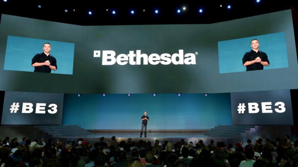 Pete Hines, vice president of marketing and public relations of Bethesda Softworks, speaks at the the company’s press conference ahead of E3. Photograph: Kevork Djansezian/Reuters