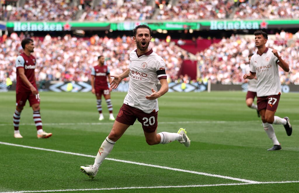 Manchester City's Bernardo Silva celebrates scoring his side's second goal at the London Stadium. Photograph: Steven Paston/PA