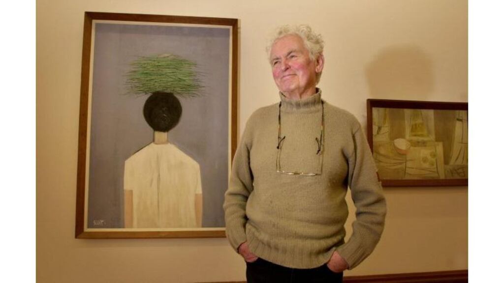 Painter Patrick Scott (85) standing in front of some of his work
in 2002. Considered one of Ireland' most important living artists,
he was elected Saoi by Aosdána yesterday. This is a position
that he will hold for life.