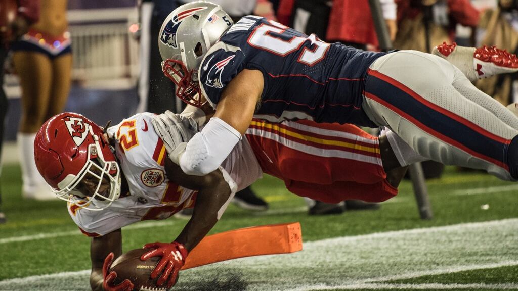 Kareem Hunt touches down for the Kansas City Chiefs. Photograph: John Cetrino/EPA